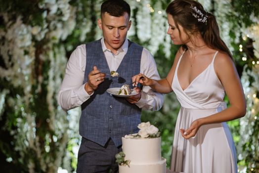 newlyweds happily cut, laugh and taste the wedding cake