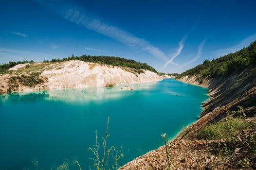 Volkovysk chalk pits or Belarusian Maldives beautiful saturated blue lakes. Famous chalk quarries near Vaukavysk, Belarus. Developed for the needs of Krasnaselski plant construction materials.