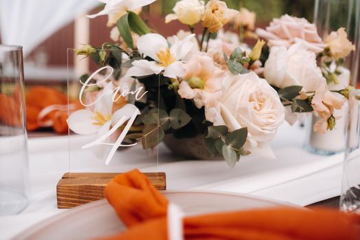 wedding table decoration with flowers on the table, dinner table decor.