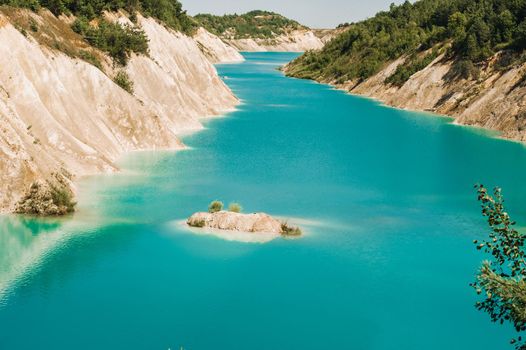 Volkovysk chalk pits or Belarusian Maldives beautiful saturated blue lakes. Famous chalk quarries near Vaukavysk, Belarus. Developed for the needs of Krasnaselski plant construction materials.