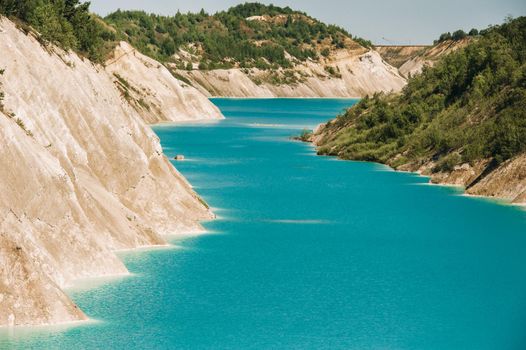 Volkovysk chalk pits or Belarusian Maldives beautiful saturated blue lakes. Famous chalk quarries near Vaukavysk, Belarus. Developed for the needs of Krasnaselski plant construction materials.