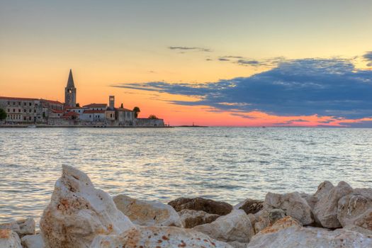 View of Porec skyline and sea at sunset, Istria. Croatia