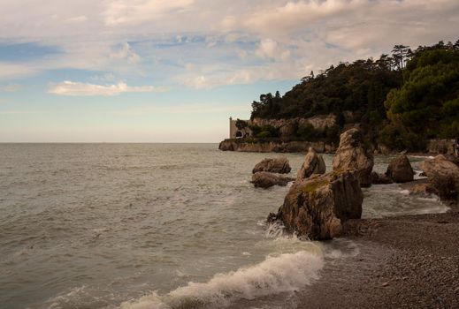 View of the Trieste sea, Miramare castle on background