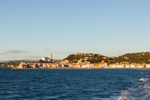 View of Piran little town in Slovenia from sea