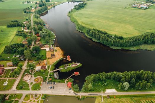 view from the height of the Lake in a green field in the form of a horseshoe and a village in the Mogilev region.Belarus.The Nature Of Belarus.