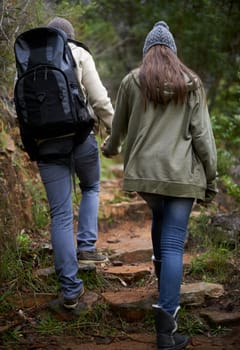 Admiring the beauty of nature. Rearview of a young couple of hikers