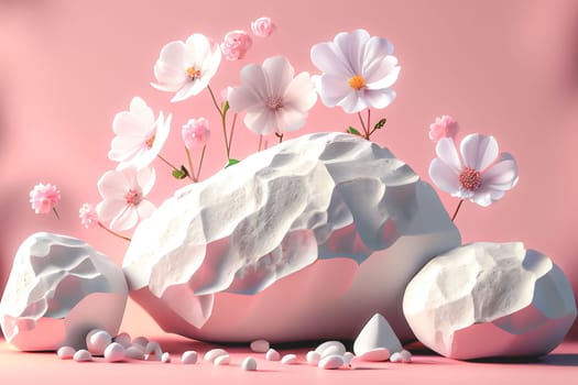 3D render of white stones with blossom flowers on pink background. Panoramic banner background with copy space.