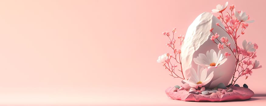 3D render of white stones with blossom flowers on pink background. Panoramic banner background with copy space.