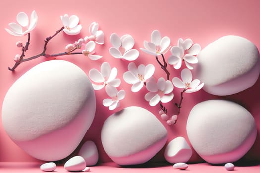 3D render of white stones with blossom flowers on pink background. Panoramic banner background with copy space.