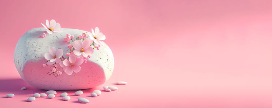 3D render of white stones with blossom flowers on pink background. Panoramic banner background with copy space.