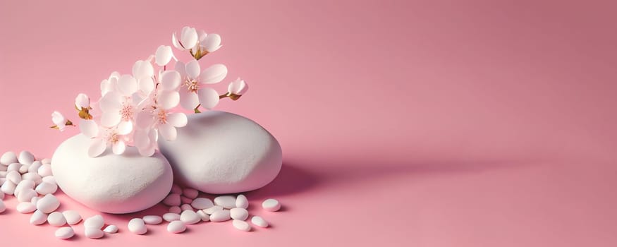 3D render of white stones with blossom flowers on pink background. Panoramic banner background with copy space.