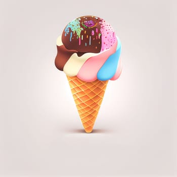 Melting ice cream balls in the waffle cone isolated on background. 3D Illustration flat icon. Comic character in cartoon style illustration for t shirt design.