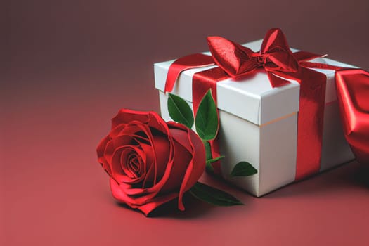 Present wrapped in red bow with single elegant rose resting on top, set against bright red background, conveying the theme of the Valentine's Day.