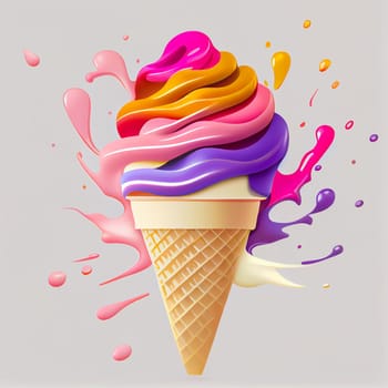 Melting ice cream balls in the waffle cone isolated on background. 3D Illustration flat icon. Comic character in cartoon style illustration for t shirt design.