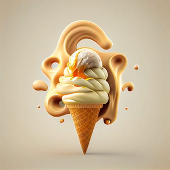 Melting ice cream balls in the waffle cone isolated on background. 3D Illustration flat icon. Comic character in cartoon style illustration for t shirt design.