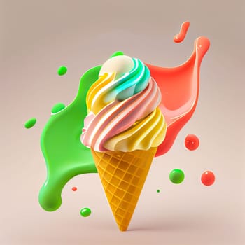 Melting ice cream balls in the waffle cone isolated on background. 3D Illustration flat icon. Comic character in cartoon style illustration for t shirt design.