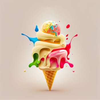 Melting ice cream balls in the waffle cone isolated on background. 3D Illustration flat icon. Comic character in cartoon style illustration for t shirt design.