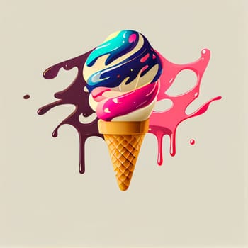 Melting ice cream balls in the waffle cone isolated on background. 3D Illustration flat icon. Comic character in cartoon style illustration for t shirt design.