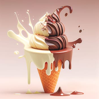 Melting ice cream balls in the waffle cone isolated on background. 3D Illustration flat icon. Comic character in cartoon style illustration for t shirt design.