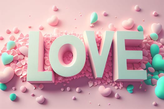 Holiday Greeting Card for Valentine Day with pastel background. Love valentine concept 3d render. Romantic template for wedding. 