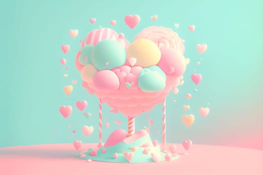 Holiday Greeting Card for Valentine Day with pastel background. Love valentine concept 3d render. Romantic template for wedding. 