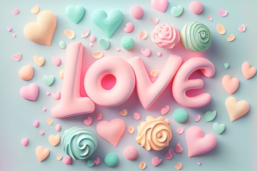 Holiday Greeting Card for Valentine Day with pastel background. Love valentine concept 3d render. Romantic template for wedding. 