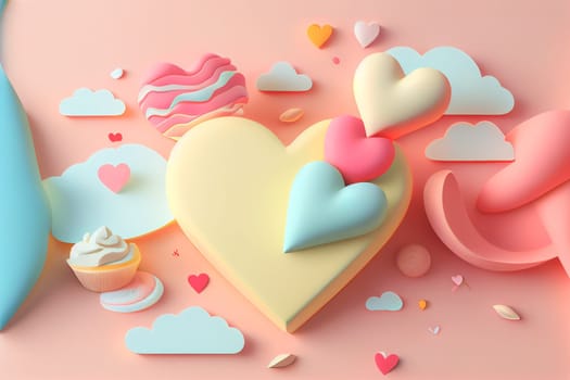 Holiday Greeting Card for Valentine Day with pastel background. Love valentine concept 3d render. Romantic template for wedding. 