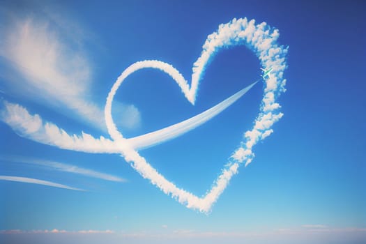 Flight route of the airplane in the shape of a heart on bright blue sky. Smoky line trace of airliner. Love concept for valentine background.