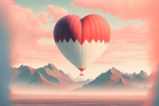 Beautiful air balloon heart shape against pink pastel sky in a sunny bright morning. Foggy mountains in the background. Romantic trip on Valentine Day.