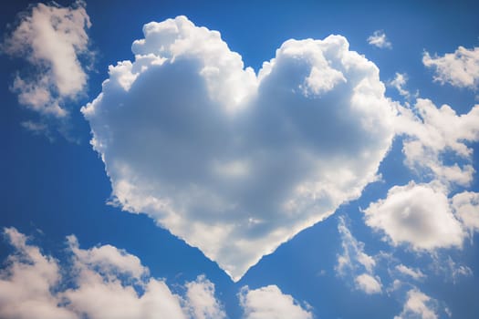 Heart shaped cloud on bright blue sky and white clouds.