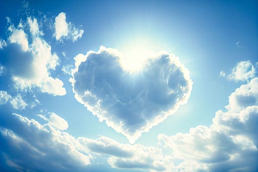 Heart shaped cloud on bright blue sky and white clouds.