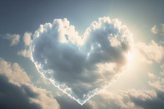 Heart shaped cloud on bright blue sky and white clouds.