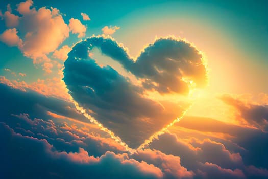 Cloud heart shaped on sky at sunset. Love background with copy space. Valentine background concept. 