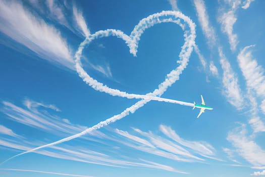 Flight route of the airplane in the shape of a heart on bright blue sky. Smoky line trace of airliner. Love concept for valentine background.