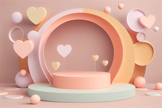 Empty pastel cylinder podium with 3D hearts and copy space background. Valentine's Day interior with pedestal. Mockup space for display of product. 3D rendering.