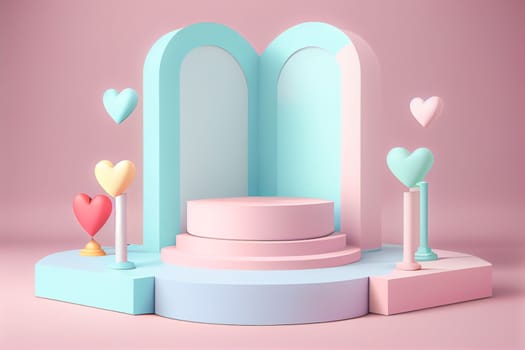 Empty pastel cylinder podium with 3D hearts and copy space background. Valentine's Day interior with pedestal. Mockup space for display of product. 3D rendering.