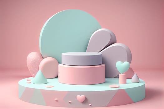 Empty pastel cylinder podium with 3D hearts and copy space background. Valentine's Day interior with pedestal. Mockup space for display of product. 3D rendering.