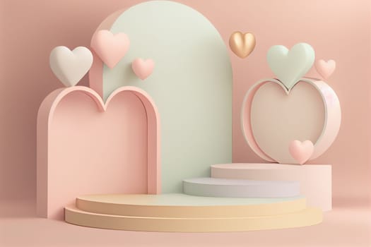 Empty pastel cylinder podium with 3D hearts and copy space background. Valentine's Day interior with pedestal. Mockup space for display of product. 3D rendering.