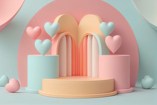 Empty pastel cylinder podium with 3D hearts and copy space background. Valentine's Day interior with pedestal. Mockup space for display of product. 3D rendering.