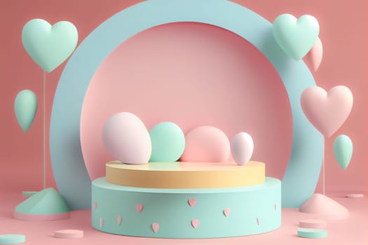 Empty pastel cylinder podium with 3D hearts and copy space background. Valentine's Day interior with pedestal. Mockup space for display of product. 3D rendering.