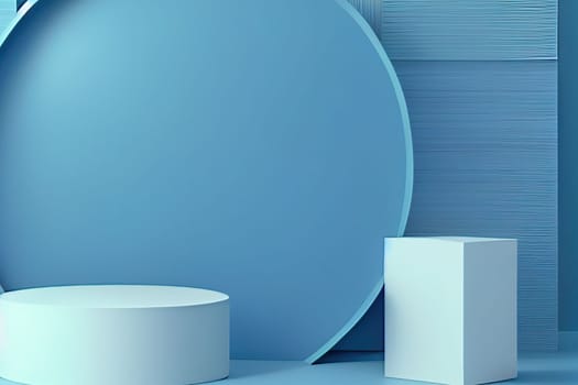 Pedestal podium with rounded corners in blue and white. Platform with geometric shapes. Scene of a minimalist wall in blue. Design of abstract in pastel colors. 