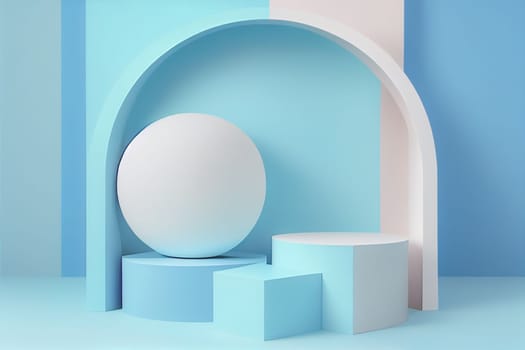 Pedestal podium with rounded corners in blue and white. Platform with geometric shapes. Scene of a minimalist wall in blue. Design of abstract in pastel colors. 