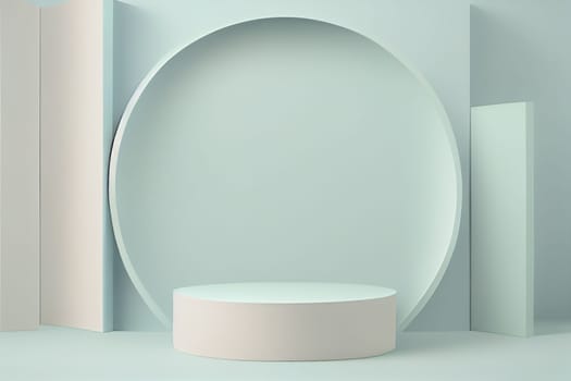 Pedestal podium with rounded corners in blue and white. Platform with geometric shapes. Scene of a minimalist wall in blue. Design of abstract in pastel colors. 