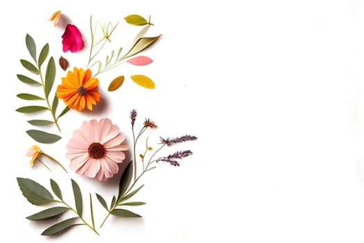 Composition of flowers. Frame pattern made from different dried flowers and leaves on white background. Flat lay, top view, copy space