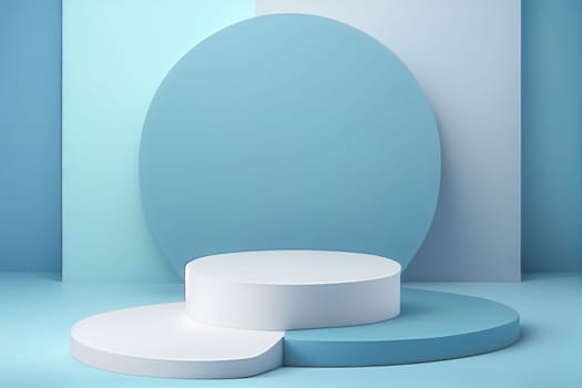 Pedestal podium with rounded corners in blue and white. Platform with geometric shapes. Scene of a minimalist wall in blue. Design of abstract in pastel colors. 