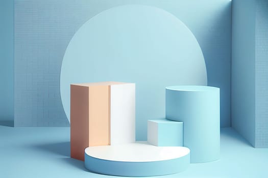 Pedestal podium with rounded corners in blue and white. Platform with geometric shapes. Scene of a minimalist wall in blue. Design of abstract in pastel colors. 