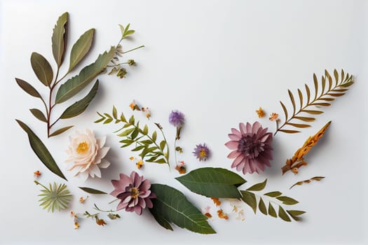 Composition of flowers. Frame pattern made from different dried flowers and leaves on white background. Flat lay, top view, copy space