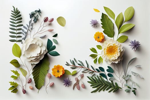 Composition of flowers. Frame pattern made from different dried flowers and leaves on white background. Flat lay, top view, copy space