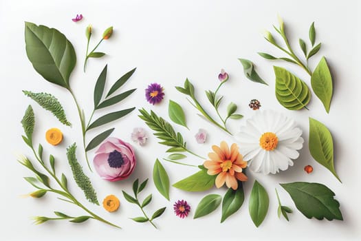 Composition of flowers. Frame pattern made from different dried flowers and leaves on white background. Flat lay, top view, copy space