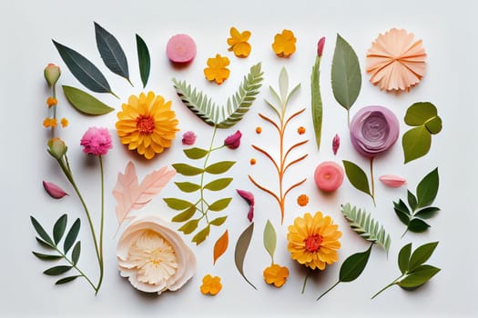 Composition of flowers. Frame pattern made from different dried flowers and leaves on white background. Flat lay, top view, copy space